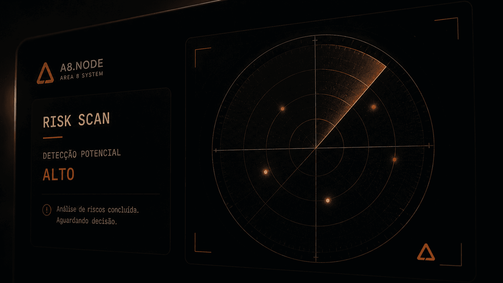 Interface abstrata de risk scan: radar técnico, status de workspace, linhas de logs
