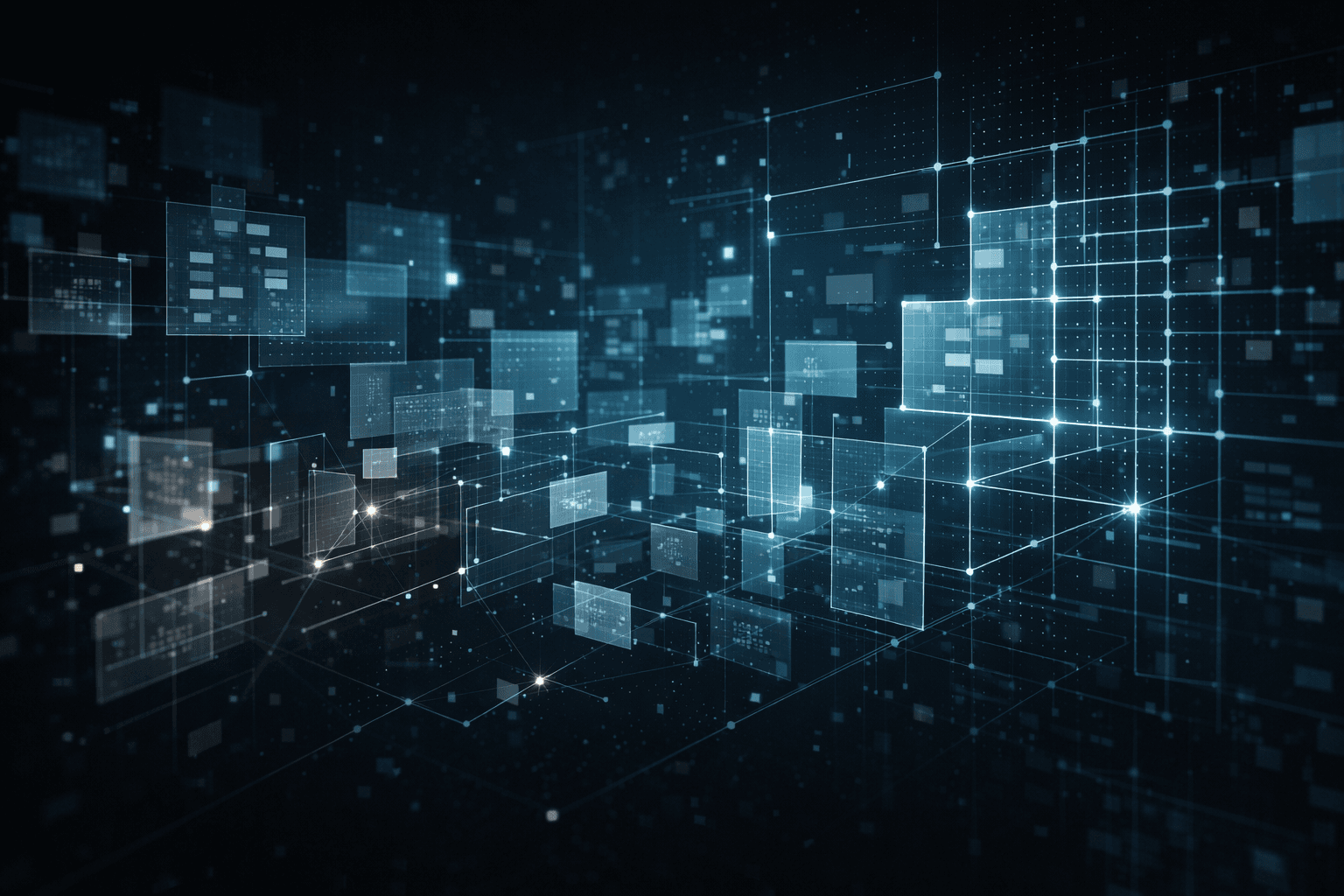 Abstração de pensamento ganhando forma estrutural — fluxo de informação em grid modular